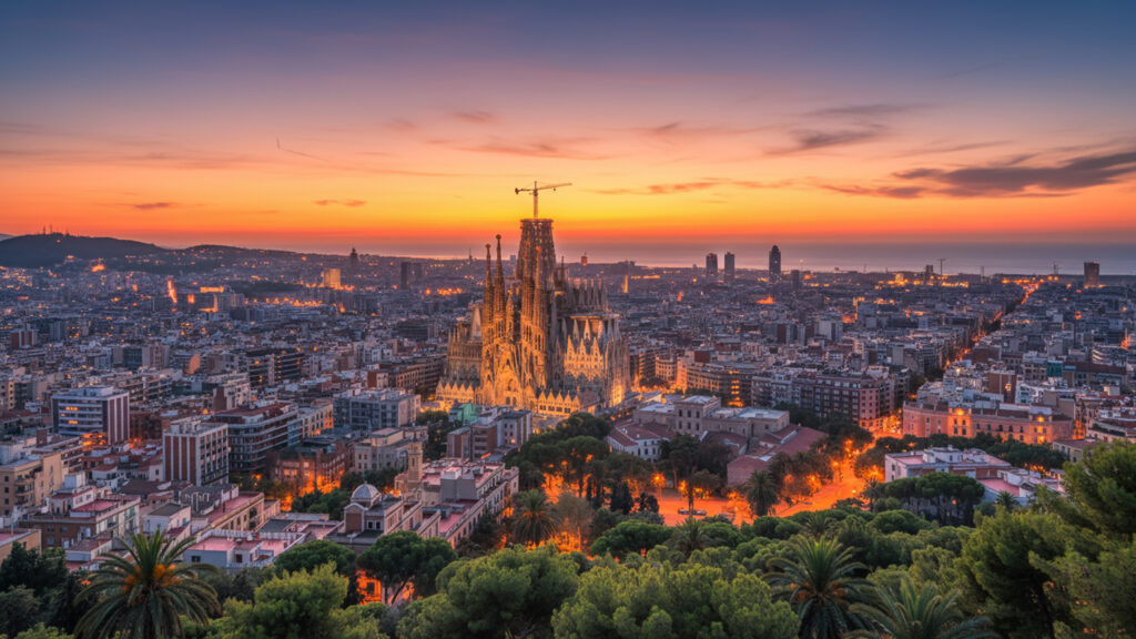 Barcelona panorama z bazyliką Sagrada Familia o zachodzie słońca